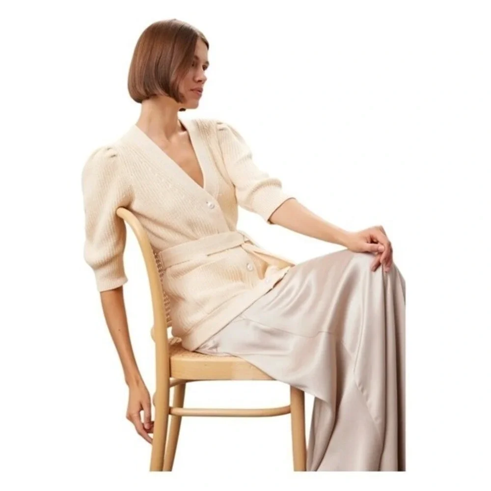 Adam‎ Lippes x RTR Tie Waist Cardigan Sweater Ivory Wool-Blend Ribbed Knit XS